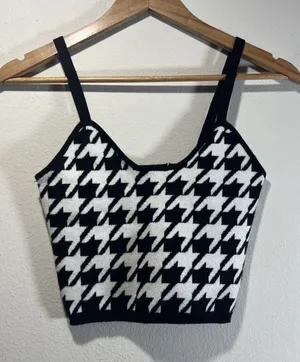 Altar'd State Retro Houndstooth Sweater Knit Crop Tank Top Black XS Bohemian thumbnail 1