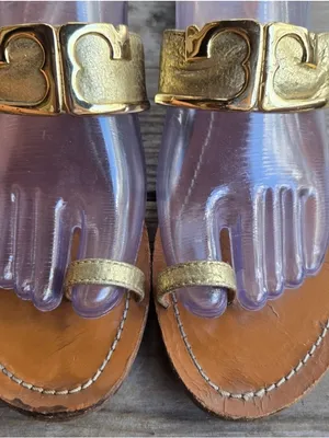 Tory Burch Marcia Gold Metallic Toe Ring Logo Vamp Slide On Sandal Size 8 thumbnail 6