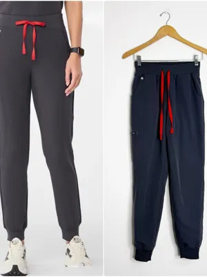 FIGS High Waisted Zamora Jogger Scrub Pants XS Gray Red Drawstring thumbnail 2