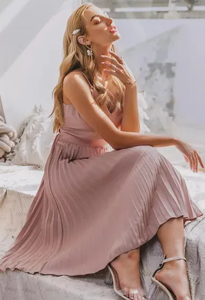 Boutique Solid Pink V-neck Pleated Spaghetti Strap Fit and Flare Knee Length Dress thumbnail 4