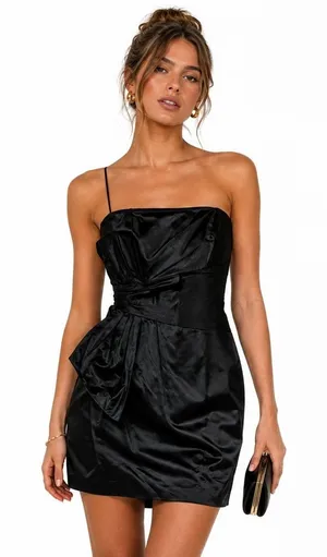 Max and Cleo Pleated‎ Bow Sateen Sheath Cocktail Dress Black Chic Size 6 thumbnail 1