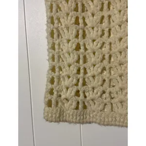 Crochet Sweater Vest Women's Large Ivory Open Knit Pom Pom Tie Sleeveless thumbnail 3