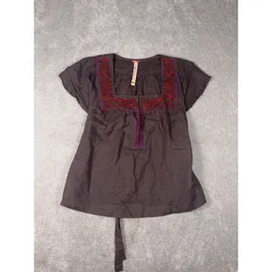 Free People Embroidered Linen Peasant Blouse Square Neck Tie Back Brown Boho A thumbnail 3