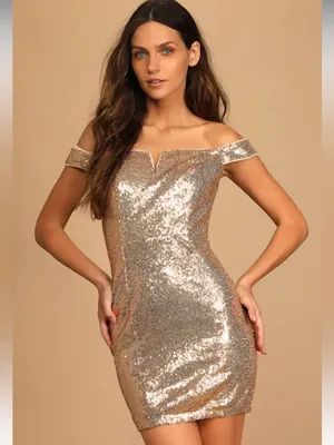 Lulus Magic Maker Gold Metallic Off-the-Shoulder Bodycon Mini Dress size Med thumbnail 1