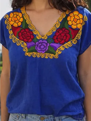 Embroidered V-Neck Floral Cotton Top - Blue thumbnail 1