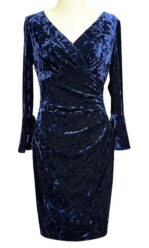 Lauren Ralph Lauren 10 Navy Blue Crushed Velvet Ruched‎ Bell Sleeve Dress Formal thumbnail 1