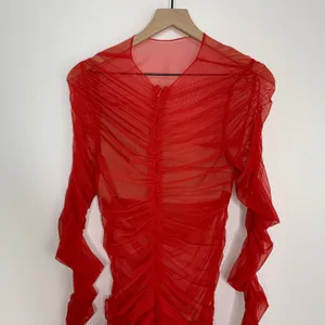 Miss Circle Jimena Red Ruched Mesh Long Sleeve Dress Womens New Medium thumbnail 4