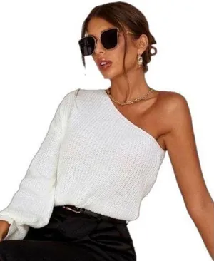 Cable Knit White One Shoulder Lantern Long Sleeve Pullover Sweater thumbnail 1