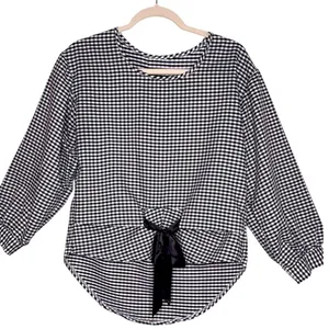 Gingham Black and White Plaid Gingham Bow Tie Front Blouse Long Sleeve Medium thumbnail 2
