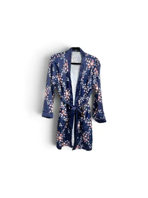 Morgan Lane Navy Blue Floral Satin Robe with Pink Blossoms thumbnail 2