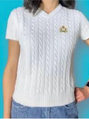 Lauren Ralph Lauren White Cable-Knit Short Sleeve V Neck Sweater Large thumbnail 1