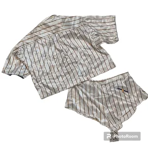 Val mode Lingerie New! Pajama Set Pj Shirt Shorts Stripes Button Up White Blue M thumbnail 2
