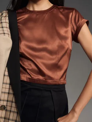 Anthropologie Copper Satin Casual Crop Baby Tee Size S thumbnail 12