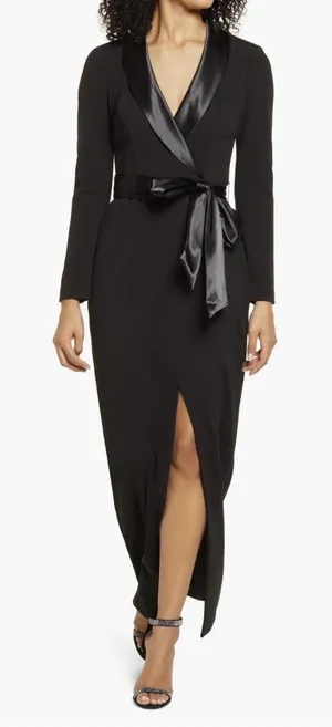 Eliza J Long Sleeve Tuxedo Maxi Gown Black Tie Wedding Size 6 Bow thumbnail 1