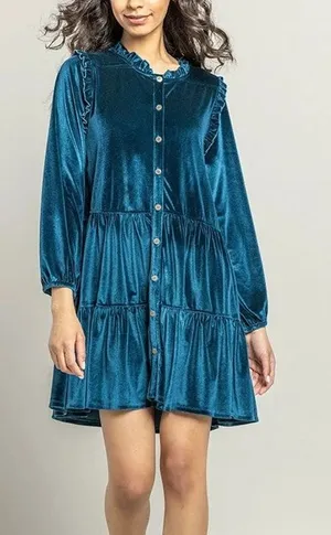 Pink Chicken Kalani Crushed Velvet Tiered Dress Womens S Blue Romantic Ruffle thumbnail 1