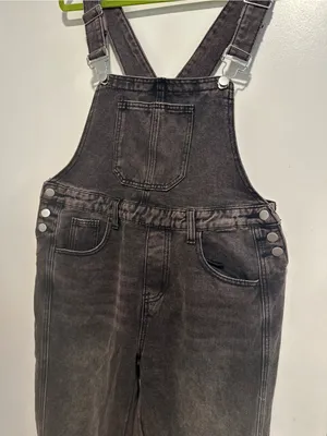Black denim overalls jumpsuit Sz:L acid washed relaxed fit wide leg Baggy. thumbnail 6