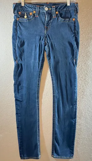 870 | True Religion‎ World Tour Slim Straight Contour Dark Wash Jeans Womens 30 thumbnail 1