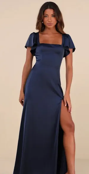 Lulus Ultimate Sweetness Navy Blue Satin Flutter Sleeve Maxi Dress Size XL thumbnail 1
