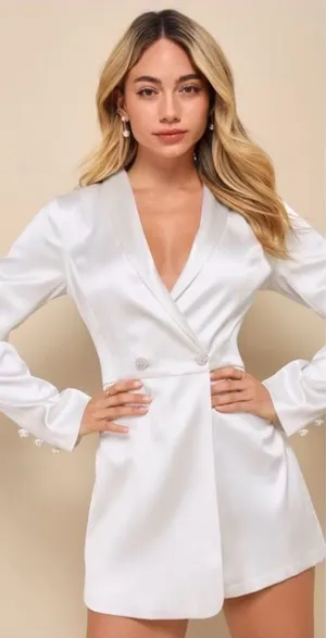 Lulus Regal Aura White Satin Long Sleeve Blazer Romper Size Small Bridal Party thumbnail 1