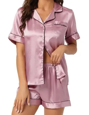 Unbranded Mauve Pink Button Down Pull On Shorts Satin Pajamas PJ Set XL thumbnail 1