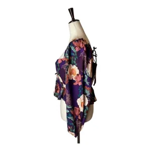 Band Of The Free Shirt Women Medium Purple Floral Puff‎ Sleeve Cropped Top NWT thumbnail 6