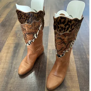 Donna Carolina Leather Patchwork Cowboy Boots Tan Animal Print EU 36.5 thumbnail 2