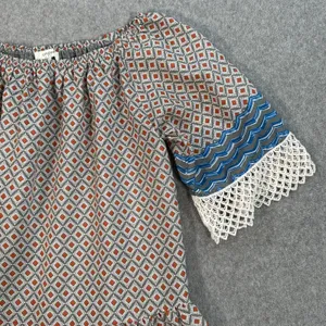 Umgee Drop Waist Off Shoulder Mini Tunic Dress Size Small Crochet Trim Gray Blue thumbnail 2