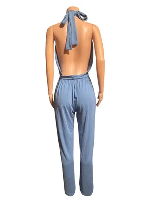 Shein blue plunge halter neck wide leg jumpsuit XL thumbnail 4