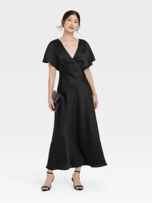 A New Day Women's Satin Flutter Short Sleeve Maxi A-Line Dress - Black, Medium thumbnail 3