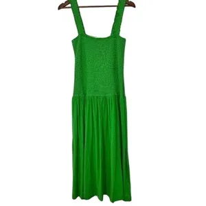Nation LTD Bright Green Gabby Smocked‎ Midi 100% Pima Cotton Casual Tank Dress L thumbnail 2
