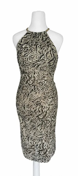Xscape Size 6 Zebra Print Sequin‎ Halter Bodycon Cocktail Dress Gold Choker thumbnail 1