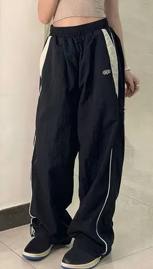 Black White Y2K Wide Leg Track Pants Windbreaker Parachute Joggers M thumbnail 1