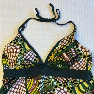 MERONA Tankini Halter Swimsuit Top Size LARGE Colorful Print Green Yellow thumbnail 2