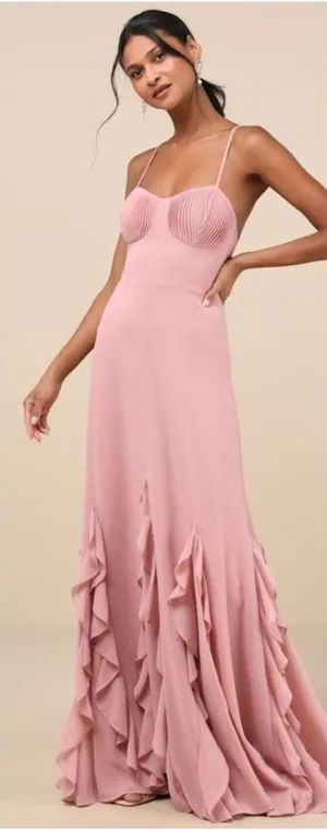 Lulus Priela Pink Ruffled Lace-Up Maxi Dress Size Medium NWT Whimsical Formal thumbnail 1