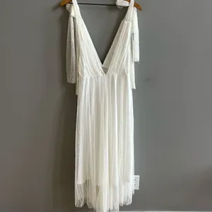 NWT One and Only Collective Tie Shoulder Mesh Tulle Dress Deep V Midi White Gown thumbnail 9