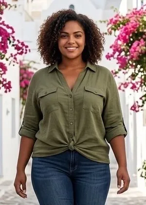 INC International‎ Concepts XXL Olive Green Twist Front Roll Tab Utility Shirt thumbnail 1