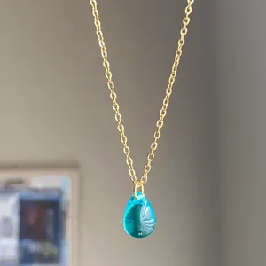 Handmade aqua teardrop Czech glass simple minimalist gold chain necklace💙 thumbnail 3