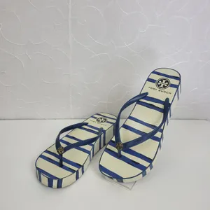 Tory Burch Womens Sandals Size 6.5 White and Blue Stripe‎ Slip On Heels thumbnail 7
