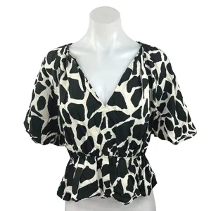 Zara Black White Animal Print V-Neck Short Sleeve Peplum Pullover Blouse Top M thumbnail 1