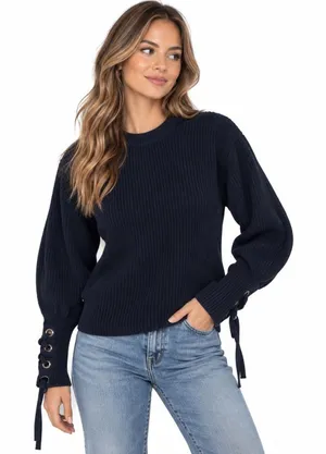 womens polo ralph lauren sweater tie sleeves navy chucky knit pima cotton Ribbed thumbnail 1