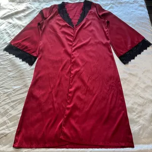 Satin Robe with Lace Trim Red Size M thumbnail 3