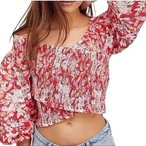 NWT Free People East to West Smocked Top in Red Floral Print Size Medium thumbnail 1
