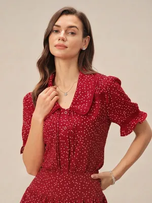 Rihoas Red Puffed Sleeve Polka Dot Collar Blouse thumbnail 1