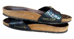 ⁠Birkenstock Madrid Black Metallic Python Snake Sandals Sz 38 Gold Buckle thumbnail 1
