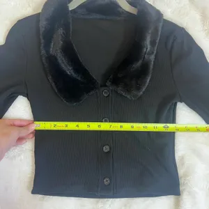 Black Faux Fur Trim Sleeves & Collar Button Up Crop Y2K 90s Style Sweater thumbnail 8