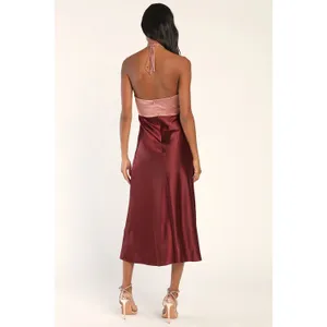 NWT Lulus Icon Update Burgundy Color Block Knotted Halter Midi Dress Wedding S thumbnail 3