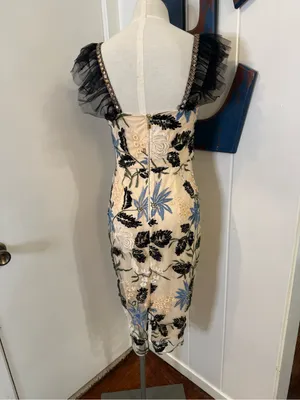 Lulu's Cream Midi Dress with Blue Floral Embroidery and Black Leaf Detail Sz S thumbnail 6