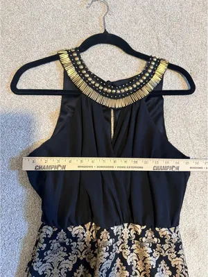 Women's XS Black Gold Brocade Beaded Collar Cocktail Dress thumbnail 8