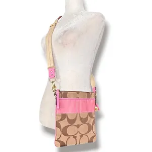 Coach Signature Stripe Swingpack Crossbody Bag Pink Tan Y2K Small Purse thumbnail 2