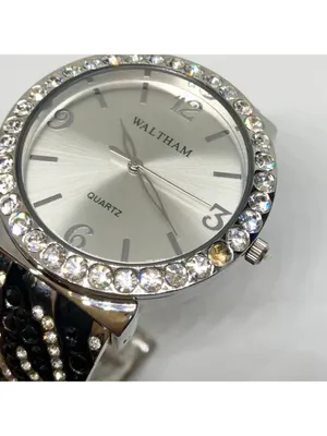Waltham SilverTone cuff bracelet watch 38mm rhinestones quartz 7” running thumbnail 3